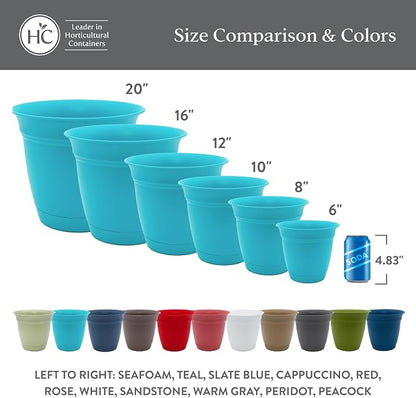 The HC Companies 12 Inch Eclipse Round Planter Pots with Drainage Holes & Attached Saucer, Lightweight UV-Resistant Plastic Indoor & Outdoor Planters, 2-Pack Flower Pots for Garden & Home Decor, Teal