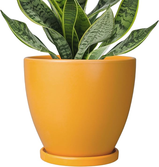 6.8 Inch Plant Pot - Ceramic Planter with Drainage Hole and Saucer, Modern Round Flower Pot, Planters for Indoor Plants, Home Garden Decor, Orange