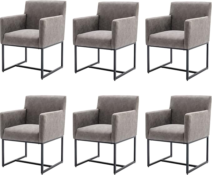 Set of 6 Upholstered Dining Chairs with Armrest, PU Leather Modern Accent Armchairs, Kitchen & Dining Room Chairs Side Chairs, Grey