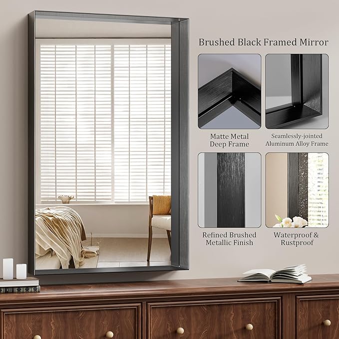Koonmi 30x48 Inch Black Metal Framed Bathroom Mirror