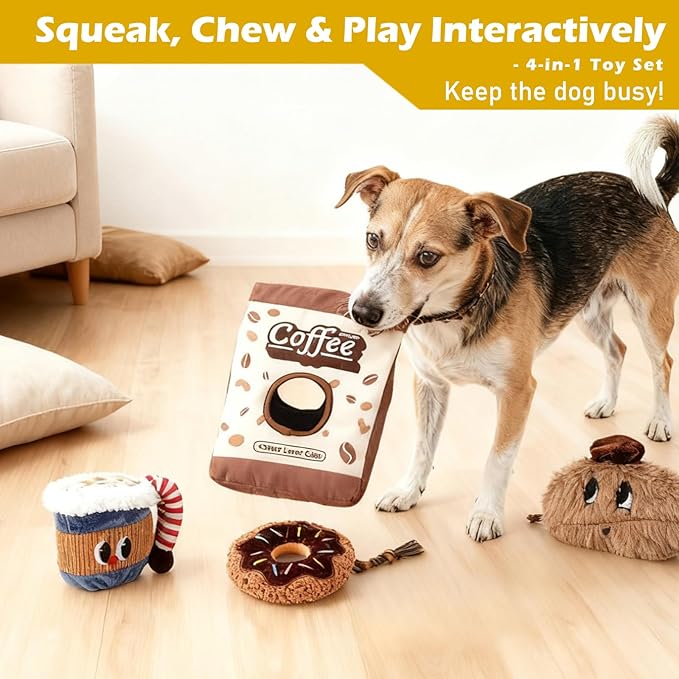 Squeaky Dog Toys Coffee Bag Set - Chew-Proof 4-in-1 Hide & Seek Tug Plush Toy with 3 Chew Toys (Bean/Cup/Donut) to Keep Them Busy, Best Birthday Gift for Small Medium Large Dogs