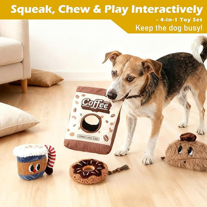 Squeaky Dog Toys Coffee Bag Set - Chew-Proof 4-in-1 Hide & Seek Tug Plush Toy with 3 Chew Toys (Bean/Cup/Donut) to Keep Them Busy, Best Birthday Gift for Small Medium Large Dogs