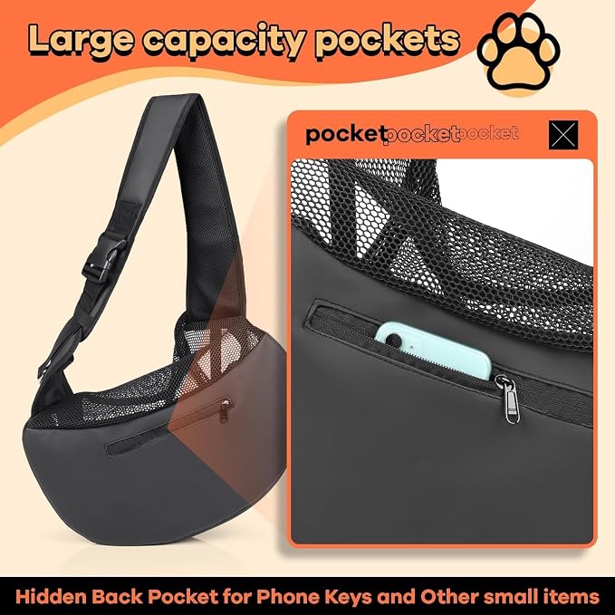YUDODO Pet Sling Carrier for 5-9 lbs Small Dogs Cat Puppy Crossbody Carrier | Bottom support, Safety Hook, Large Zipper Pocket, Soft Breathable Mesh, Adjustable Strap, Reflective Strip, Pink, M