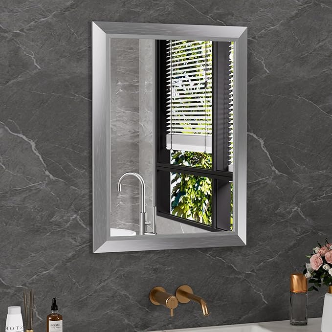 Amorho 20x30 Inch Bathroom Mirror Silver, Thick Metal Framed Wall Mirrors