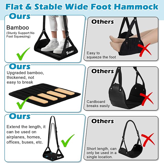Yotako Airplane Foot Hammock-Removable Wide Bamboo Airplane Foot Rest with Extended Adjustment Strap, Desk Foot Hammock to Relax Your Feet Foot Sling Travel Essentials with Storage Pouch, Black