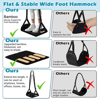 Yotako Airplane Foot Hammock-Removable Wide Bamboo Airplane Foot Rest with Extended Adjustment Strap, Desk Foot Hammock to Relax Your Feet Foot Sling Travel Essentials with Storage Pouch, Black