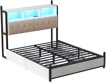 AMERLIFE Full Size Bed Frame with Bookcase Headboard and 4 Storage Drawers, Wooden Platform Bed with Charging Station and LED Light, No Box Spring Needed/Noise-Free, White