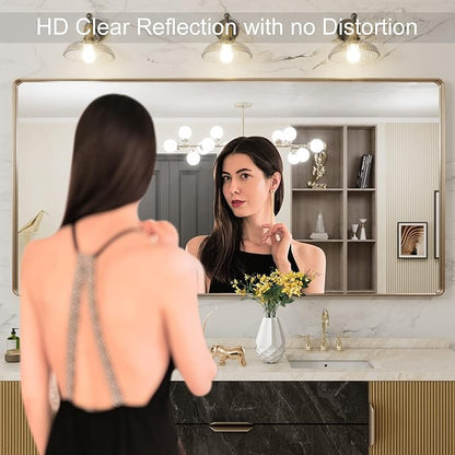 LOAAO 72”X36” Gold Bathroom Mirror, Rounded Rectangle Gold Frame Mirror