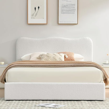 VELOCAVA King Size Storage Bed with 4 Drawers, Modern Upholstered Bouclé-Textured Platform Frame with Curved Headboard, Rounded Corners, Wood Slats, No Box Spring Needed, Cream White