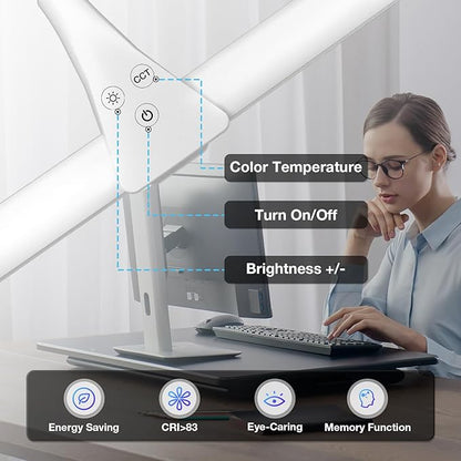 LED Desk Lamp, Double Head Desk Lamps for Home Office, Dimmable 25 Lighting Modes Bright Desk Lighting,12W 1400lm Eye-Caring Architect Table Lamp for Workbench Monitor Reading Study, White