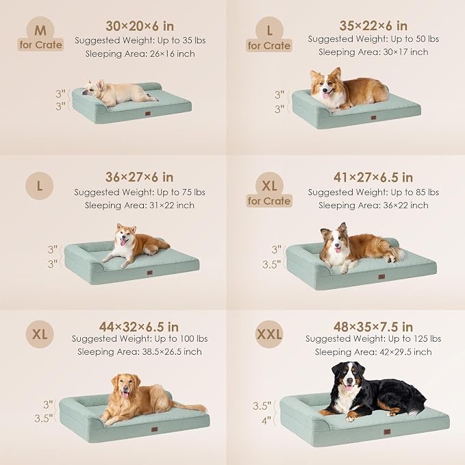 EHEYCIGA Large Dog Bed Memory Foam for Crate, Orthopedic Dog Bed Large Size Dogs with Washable Removable Cover, Waterproof Pet Sofa Couch with Nonskid Bottom, 35x22x6, Greyish Green | Small Dog Sofa with Washable Removable Cover, Waterproof Pet Couch f...