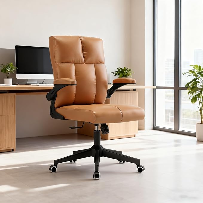 Ergonomic Home Office Desk Chair with Space Saving Flip-Up Arms, 360° Swivel & Reclining Back, Executive Chair in Soft Faux Leather Chair Multi-Angle from 90° to 135° with 450LBS Capacity(Brown)