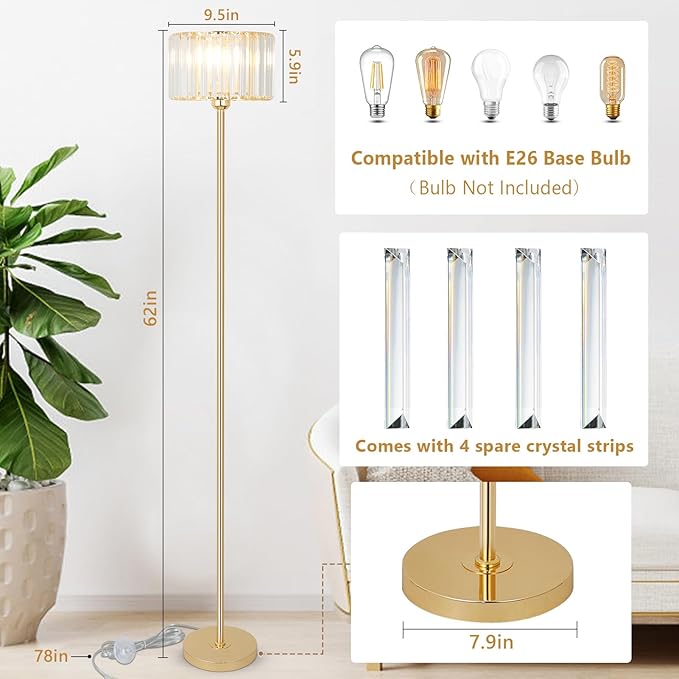 HMVPL Gold Floor Lamp for Living Room, Modern Floor Lamp with K9 Crystal Shade, Brass Standing Lamp with On/Off Switch,Mid Century Tall Lamp Crystal Pole Lamp for Bedroom Corner Office Nursery Reading