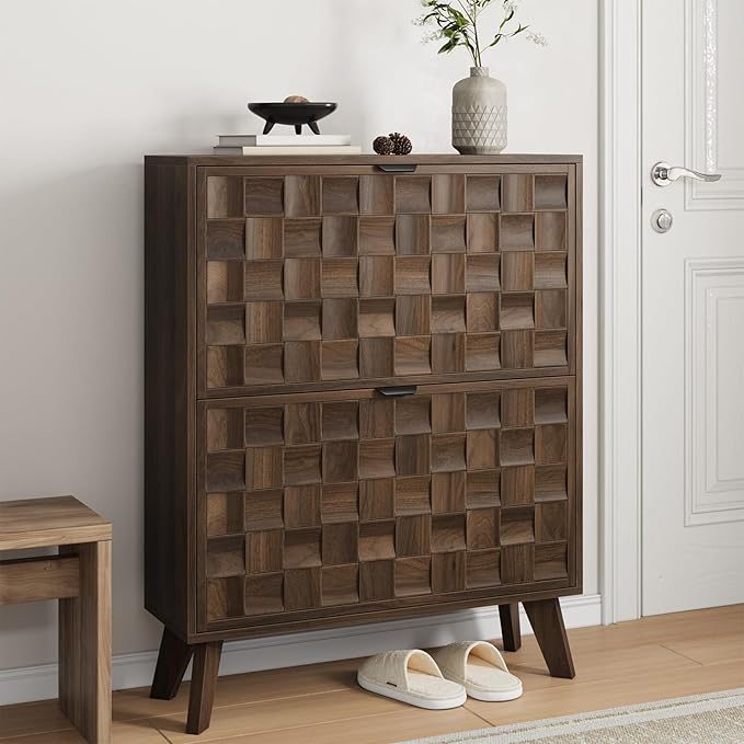 29.5“W Shoe Cabinet with 2 Embossed Checkerboard Pattern Flip Drawers,