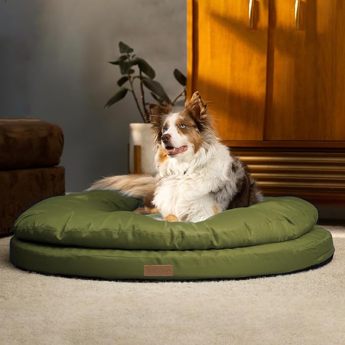 ClevaHome Orthopedic Dog Bed for Large Dogs, 42 inches Dual Layer Water Repellent Round Pet Bed with Washable Cover Nonslip Bottom (Olive Branch)