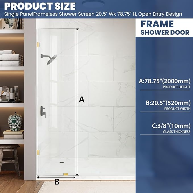 Shower Glass Panel 20.5" W×78.75" H, 3/8" Thick Clear Tempered Glass Panel