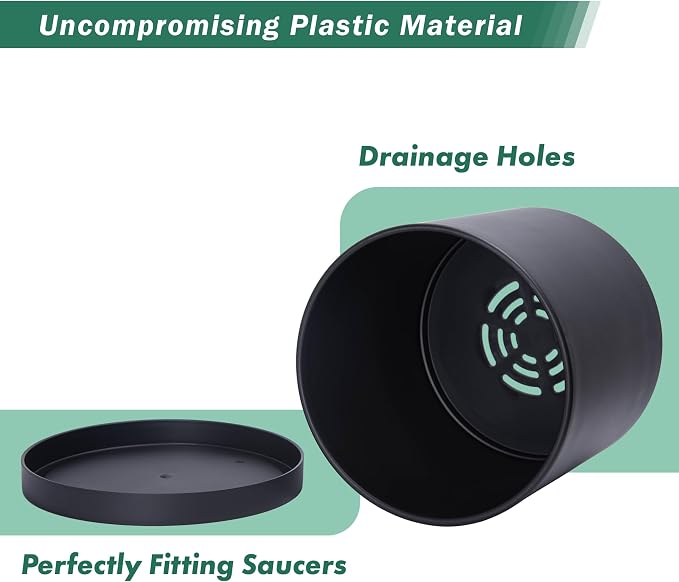 D'vine Dev 10 Inch Plastic Planter Pots for Plant Pot with Drainage Hole and Seamless Saucers, Black Color, 74-X-B-2