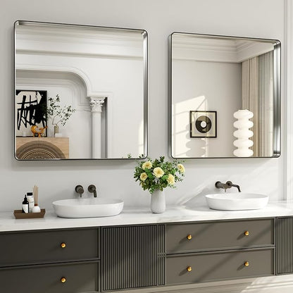 LOAAO 38X38 Inch Brushed Nickel Bathroom Mirror, Rounded Rectangle Silver Metal