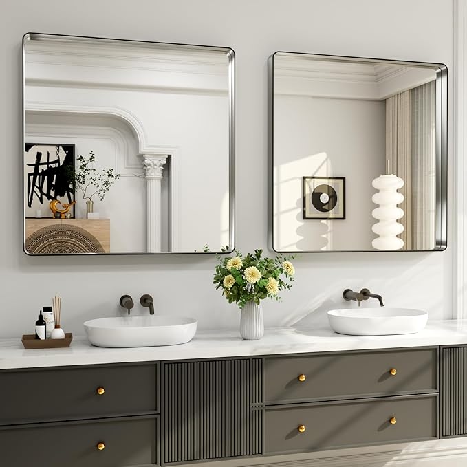 LOAAO 36X36 Inch Brushed Nickel Bathroom Mirror, Rounded Rectangle Silver Metal