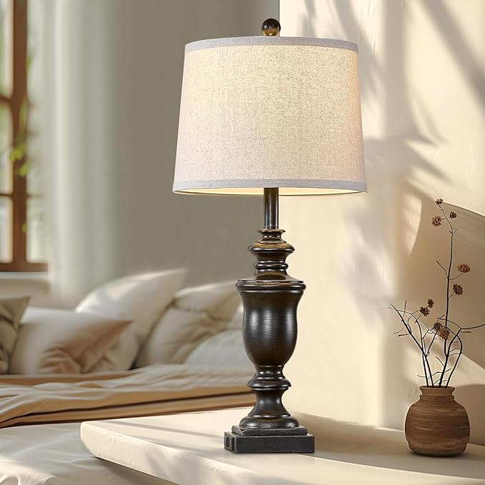 27.5" Vintage Farmhouse Table Lamps Set of 2 Bedside Lamp, 3 Way Dimmable Bedroom Lamps with 2 USB Ports +AC Outlet Nightstand Lamp Rustic Lamp (Rotary-Antique Black)
