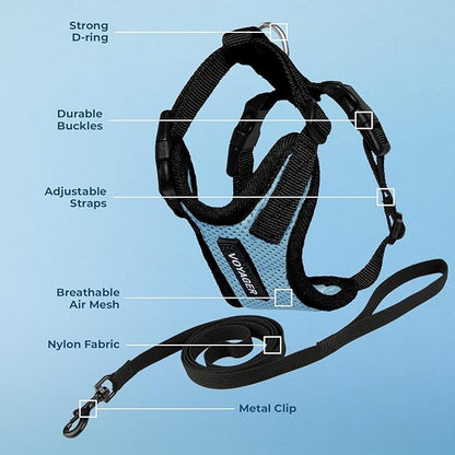 Voyager Step-in Lock Adjustable Cat Harness w. Cat Leash Combo Set with Neoprene Handle 5ft - Supports Small, Medium and Large Breed Cats by Best Pet Supplies - Baby Blue/Black Trim, XS