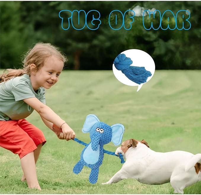 Cotton Rope Squeaky Dog Toy with Crinkle Paper – Interactive Plush Chew Toy for Small & Medium Puppies, Elephant Design
