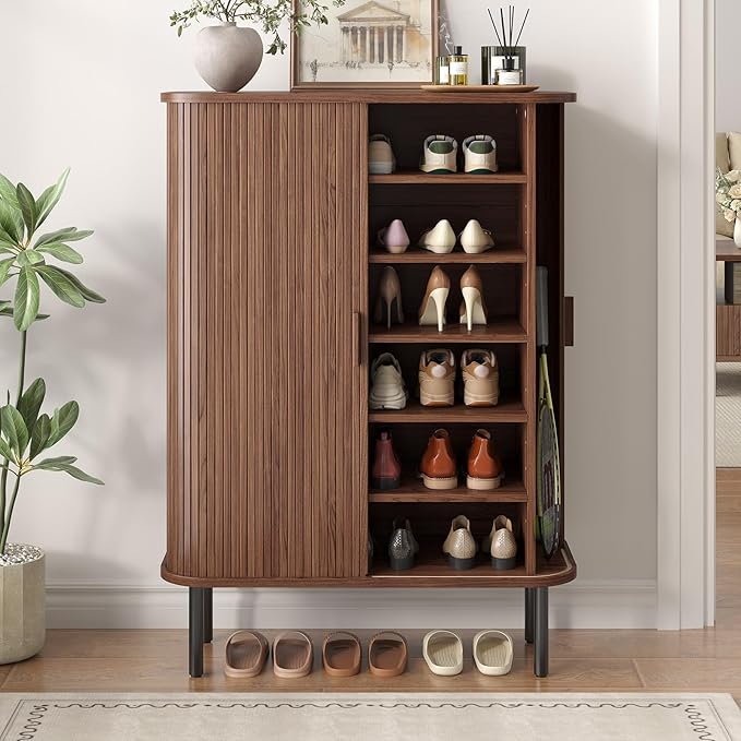 Shoe Storage Cabinet with Adjustable Shelves, 6-Tier Mid-Century Modern Shoe