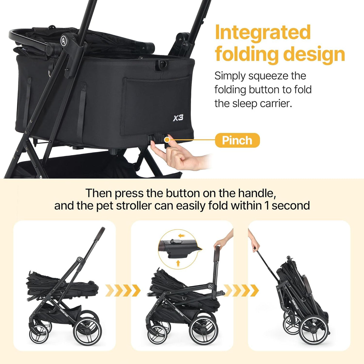 X3 2 in 1 Pet Stroller for Medium or Two Small Dogs & Cats 4 Wheels Lightweight Foldable Carrier Dog Stroller with Waterproof Weather Cover Cup Holder,Storage Basket(Black)