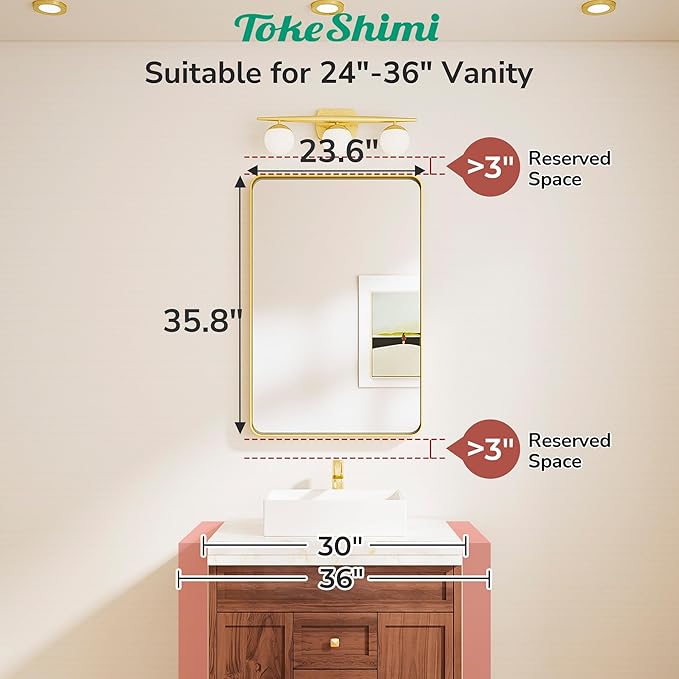 TokeShimi 24x36 Brushed Gold Bathroom Mirror, Wall Mirror