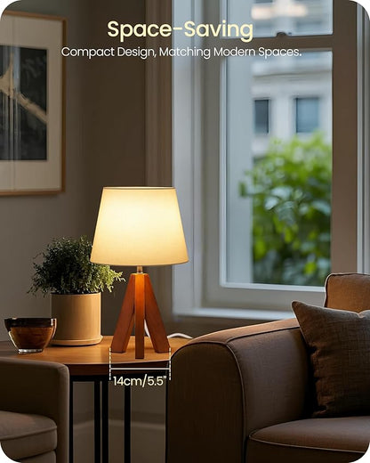 Small Tripod Table Lamps Set of 2, Modern Nightstand Lamp with Fabric Shade, Boho Bedside Wood Desk Light for Bedroom, Kids Room, Living Room, Office, Study, Dark Wood and White, LW51TLP205