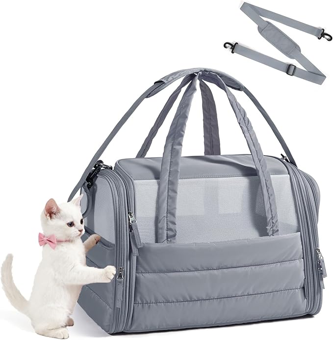 BAGSMART Cat Carrier: Soft-Sided Pet Carrier for Small Medium Cats Dogs Puppy Quilted Collapsible Puffy Travel Bag Up to 20 Lbs Grey