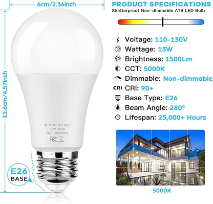 LED Light Bulbs 100 Watt Equivalent 1500 lumens, A19 5000K Daylight White Non-Dimmable, Super Bright No Flicker E26 Standard Base, 13W Lightbulb for Bedroom, Living Room, Office Lighting, 24 Packs
