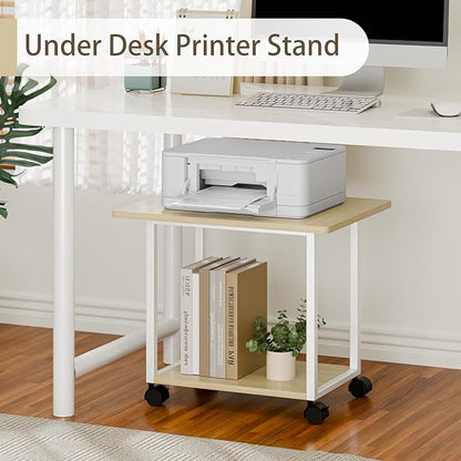 MARTY 22"x15.75" Large Under Desk Printer Stand with Storage Shelf 2-Tier Rolling Printer Cart with Wheels Printer Table for Home Office Heavy Duty Storage Rack for Scanner Fax Machine, Maple