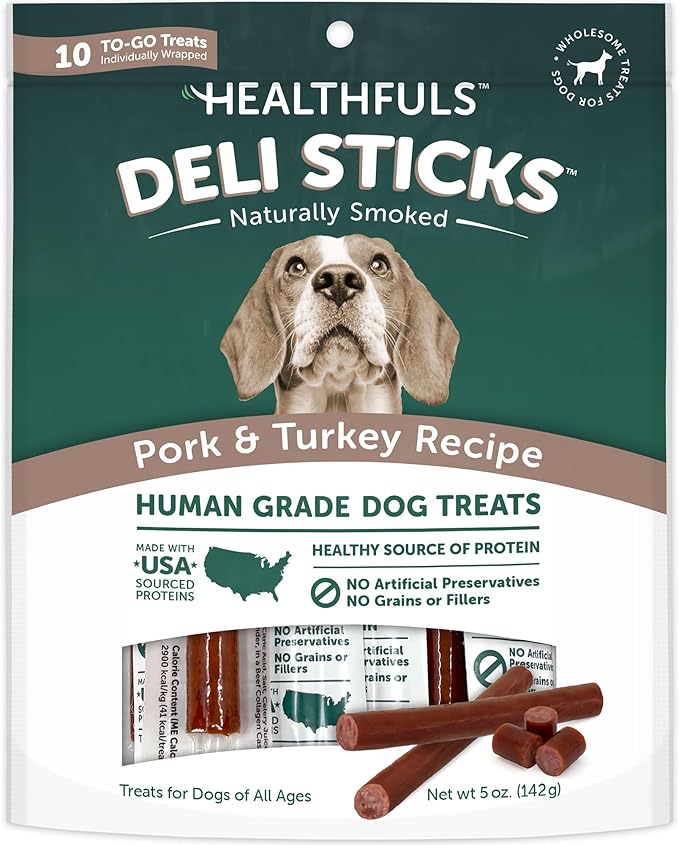 HEALTHFULS Deli Sticks Pork and Turkey Human-Grade Gluten-Free Soft and Chewy Dog Treats, 10 Count Bag