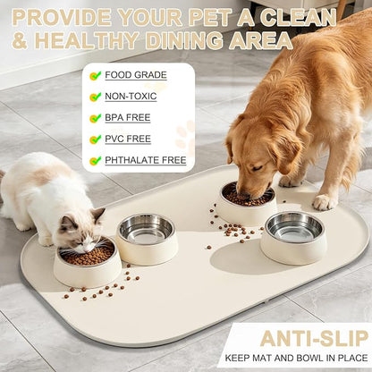 SMILOOL Waterproof Silicone Pet Food Mat with Raised Edge for Dog & Cat | 36" x 24" Non-Slip Large Pet Feeding Mats with Lip for Food & Water Bowl, Food Grade, Easy Cleaning, White Sand