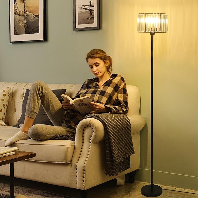 HMVPL Black Floor Lamp for Bedroom, Modern Floor Lamp for Living Room with K9 Crystal Shade, Industrial Standing Lamp with On/Off Switch, Vintage Corner Tall Lamp for Nursery Office Kids Girls Room