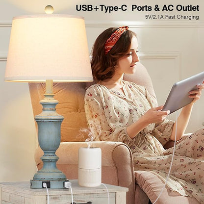 25.6" Coastal Table Lamps Set of 2 with USB C+A Ports & AC Outlet for Rustic Living Room Retro Bedroom,3-Way Dimmable Touch Lamp Bedside Lamps for Nightstand Side End Table,Retro Blue