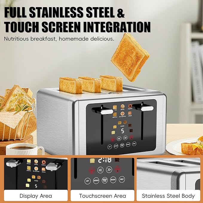 4 Slice Toaster, Touchscreen & Dual Independent Control Panel，5 Basic Functions