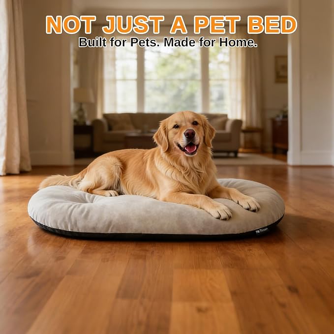 Washable Oval Dog Bed for Large Dogs, Silver-Tipped High-Resilience, Beige | Non-Slip Bottom Prevents Sliding, Soft Plush Short Fur, Machine Washable, Ideal for Crates/Apartments/Cozy Nooks,35"x22"x3.2"