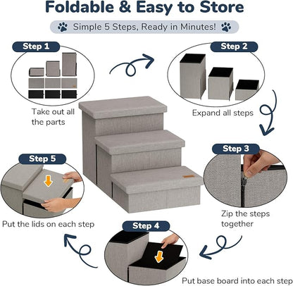 3-Step Dog Stairs for Large Dogs with Storage 18" H, Light Grey | Wide Dog Steps for High Bed Couch Window Car, Jiont-Friendly Pet Stairs Ramp for Small/Medium/Large Old Dogs Cats