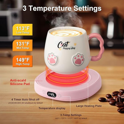 Bsigo Smart Coffee Mug Warmer & Cute Cat Mug Set, Coffee Beverage Cup Warmer