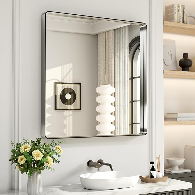 LOAAO 30X30 Inch Brushed Nickel Bathroom Mirror, Rounded Rectangle Silver Metal