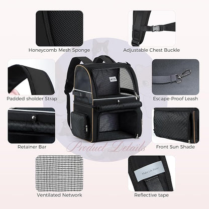 Double Cat Backpack Carrier for 2 Cats, Double-Compartment Pet Carrier Backpack for Two Small Cat or One Medium Cat, Cats Carrier Backpack Dog Carrier Backpack Fits Up to 24 Lbs,Black
