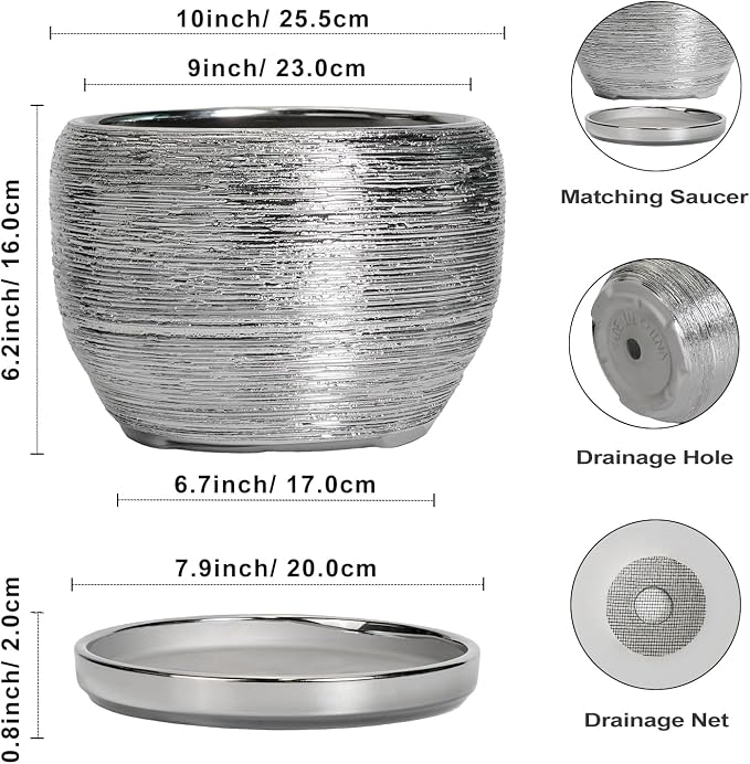 SQOWL Ceramic Pot for Plants - 10 Inch Planter Indoor, Round Large Planter Outdoor with Drainage Hole and Plant Saucer, Decorative Ceramic Flower Pot, Kitchen Decor, Housewarming Gifts, Silver