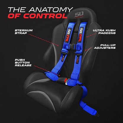 1pc 50 Cal Blue 4 Point Harness 3in Straps, Racing Harness Seat Belt | Ultra Kush padding, Push Button quick release hardware. Universal Fit for UTV, RZR, race car.