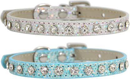 2 Pack Cat Collar Rhinestone Bling Cute Cat Collars Accessories for Pet Collars Adjustable Ideal for Girl Cats Male Cats(Silvery Blue)