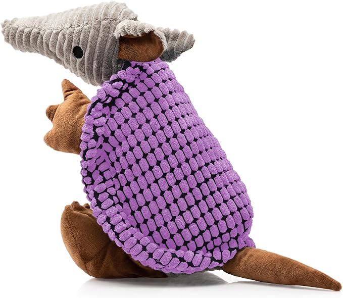 Hollypet Plush Dog Squeaky Toy Stuffed Armadillo Animal Pet Puppy Chew Toys with Clean Teeth for Small Medium Large All Breed Sizes Dogs, Purple, 10 in