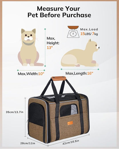 Morpilot Cat Carrier - Cat Carrier Soft for Medium or Large Cats up to 20lbs, with Dual-Sided Cushion, Secure Buckle and Foldable Bowl, Dog Carriers for Small Dogs - Pet Carrier (Brown)