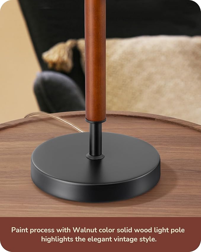 EDISHINE Mid Century Table Lamp, Pull Chain Switch Bedside Lamp with Linen Shade, Solid Wood Pole & Black Metal Base, Modern Nightstand Lamp for Bedroom, Living Room, Office, E26 Base