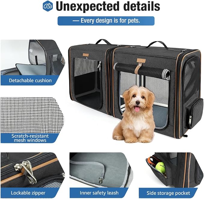 Lekereise Large Cat Carrier for 2 Cats, 2-in-1 Cat Travel Carrier with Litter Box, (17.7" x2) x16.5"x13" Pet Carrier with Zipper Locks for Moving Across The Country (No Hammock) - Black
